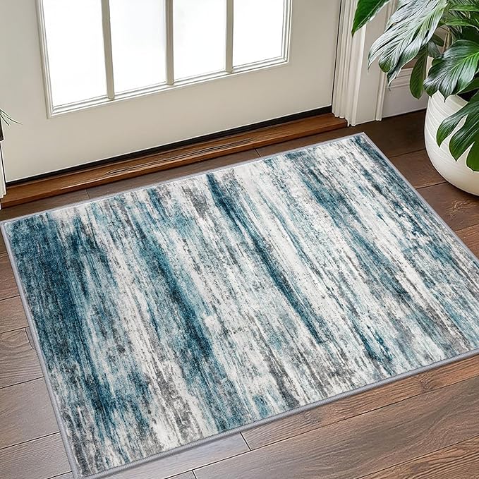 KOZYFLY Modern Abstract Small Area Rugs 2x3, Washable Kitchen Rug Non-Slip Soft Small Bathroom Rug, Blue Striped Entryway Rugs Print Faux Wool Doormat for Bedside Entrance Bedroom Sink
