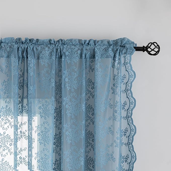 YJ YANJUN Vintage Lace Curtains 102 Inches Long-Victorian Floral Pattern Dusty Blue Boho Floor to Ceiling Sheer Curtain Panels Light-Filtering Rustic Farmhouse Neutral Decor 2 Panels 52W x 102L