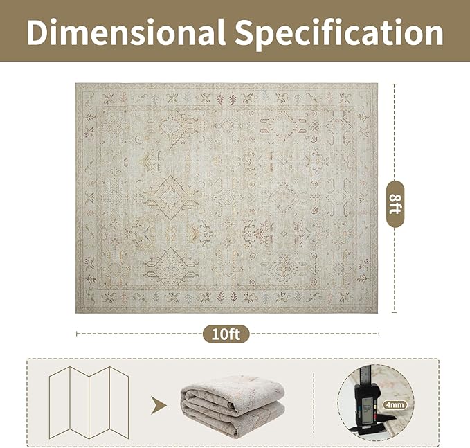 Washable Rugs 8x10 Area Rugs for Living Room-Light Brown Rugs for Bedroom,Dining Room, Large Soft Low Pile Vintage Carpet with Non Slip Rubber Backing,Neutral Accent Rug for Nursery Home Office