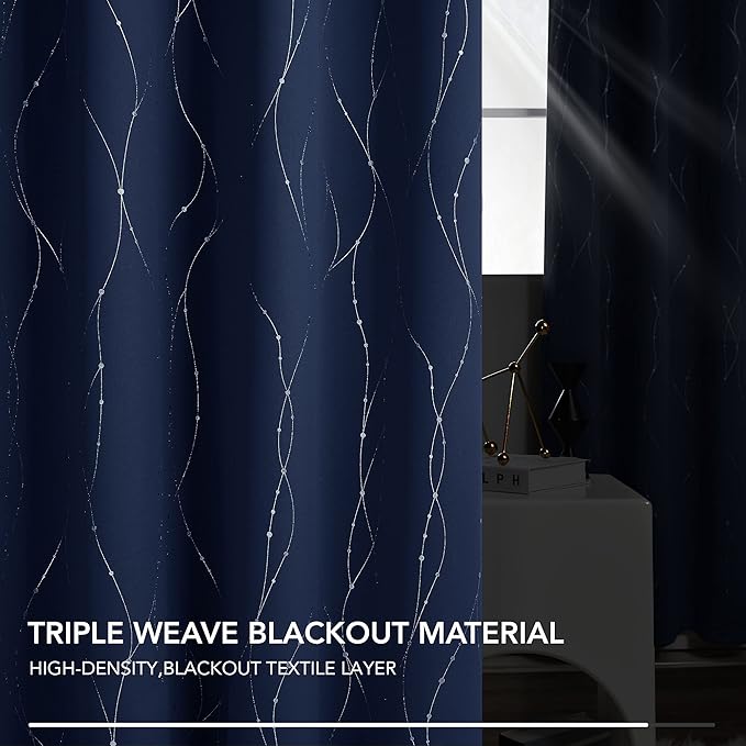 Deconovo Blackout Curtains for Living Room, Thermal Insulated Soundproof Drapes, Wave Dots Silver Print, 52 x 84 Inches Long, 2 Panels, Machine‑Washable Window Panel for Bedroom Patio Door, Navy Blue