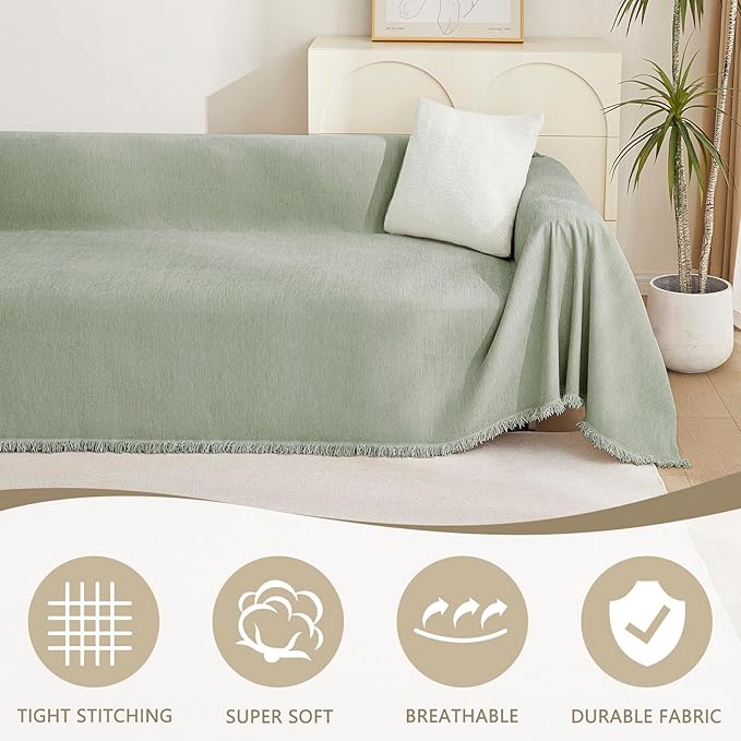 MYSKY HOME Sectional Couch Cover Blanket Living Room Furniture Protector for Pets, Farmhouse Home Decor Sofa Covers Tassel Chenielle Sofa Slipcover Soft Throw Couch for Dogs, 71" X 150", Sage Green