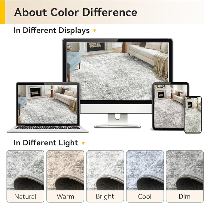 Washable Area Rugs 8ft Non-Slip Modern Abstract Soft for Living Room Entryway Bedroom Nursery, Print Pattern, Gray White Grey
