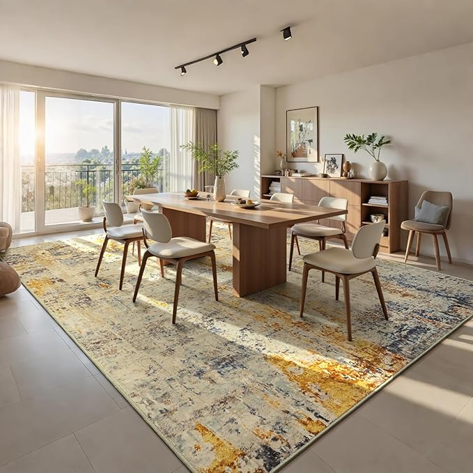 Ompaa Living Room Rug 8x10 Beige Area Rugs Machine Washable Abstract Boho Large Carpet Non-Slip Non-Shedding Faux Wool Indoor Vintage Rug for Bedroom, Classroom, Dining Room, Kids Playroom