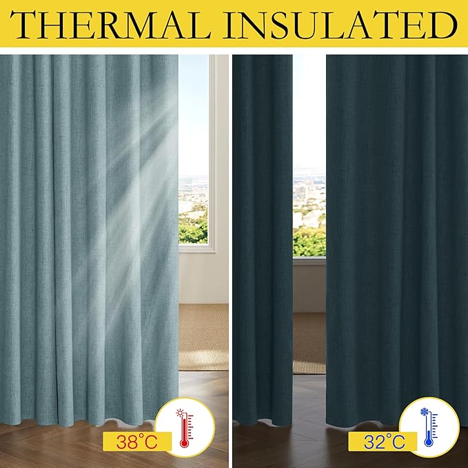 NICETOWN 100% Absolutely Blackout Linen Curtains with Thermal Insulated Liner, Skylark Blue, 42" Wide, 54" Length Energy Saving Curtains for Dining Room 2 Panels Set, Vertical Blinds