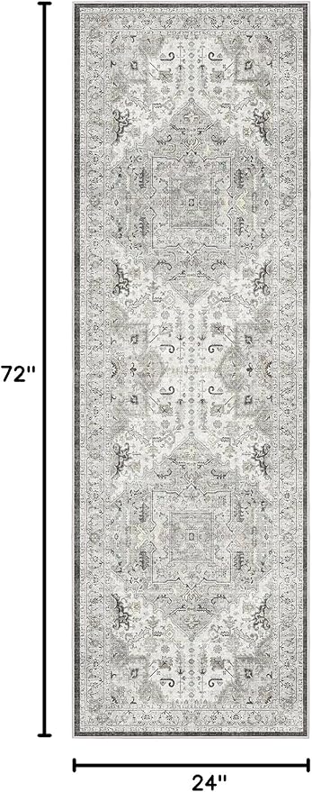 Madane Washable Runner Rug 2x6, Ultra-Thin Non-Slip Non-Shedding Hallway Runner, Stain Resistant Kitchen Mat Entryway Carpet Runner, Vintage Pet Friendly Low Pile Runners (2x6ft, Ivory/Brown)