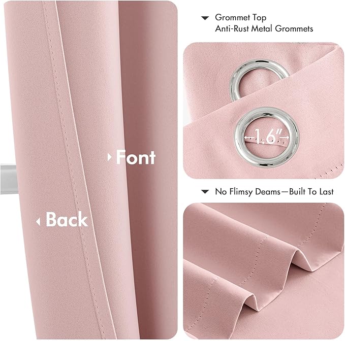MIULEE Baby Pink Blackout Curtains for Bedroom Living Room 63 Inches Long 2 Panels, Thermal Insulated Room Darkening Drapes Solid Grommet Noise Reduction Light Blocking Window Treatments 34x63 Inch