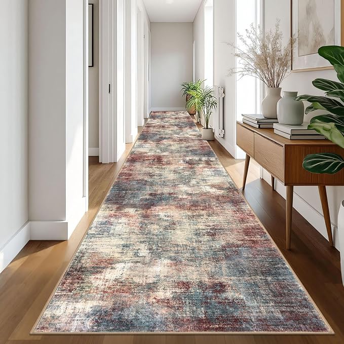 IOHOUZE Abstract Runner Rug 3x20 Ft Extra Long Washable Runners for Hallways, Non Slip Kitchen Runner Printed Faux Wool Entryway Runner Indoor, Modern Abstract Floor Carpet for Hall Stair, Red/Multi