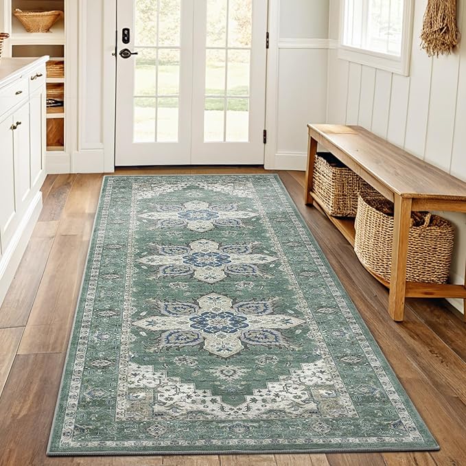 AMADA HOMEFURNISHING 2x6 Washable Runner Rug, Low-Profile Kitchen Rugs with Non-Slip Backing & Durable Edge Binding, Vintage Entryway Runner Rug for Bedroom & Hallway