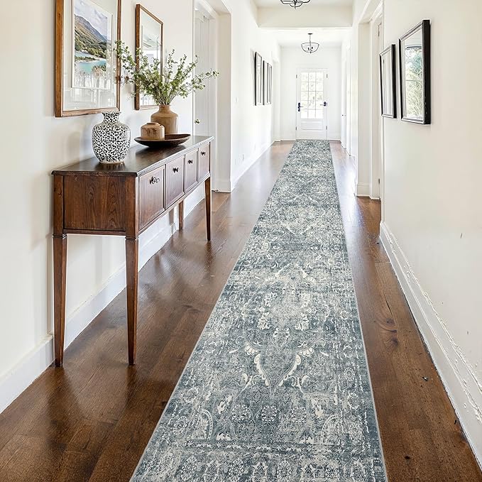 2'6"x16' Washable Hallway Runner Rug - Non Slip Kitchen Runner Rugs with Rubber Backing Vintage Low-Pile Carpet Runners for Entryway Dining Room Laundry Room Home Decor (Blue)