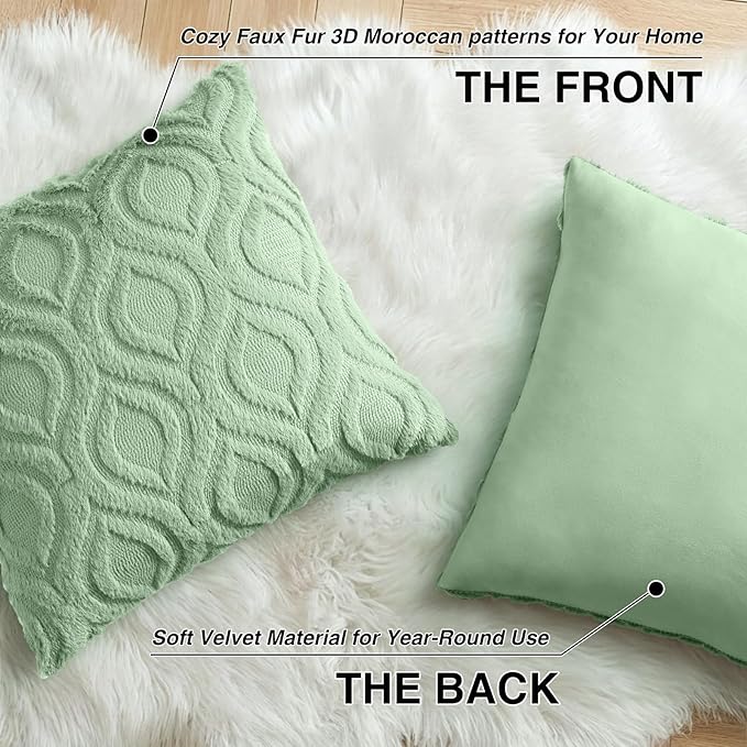 decorUhome Throw Pillow Covers 22x22 Inch Set of 2, Soft Plush Faux Wool Sage Green Solid Couch Pillow Covers, Accent Euro Sham Farmhouse Neutral Square Pillow Cases for Sofa Bed Living Room