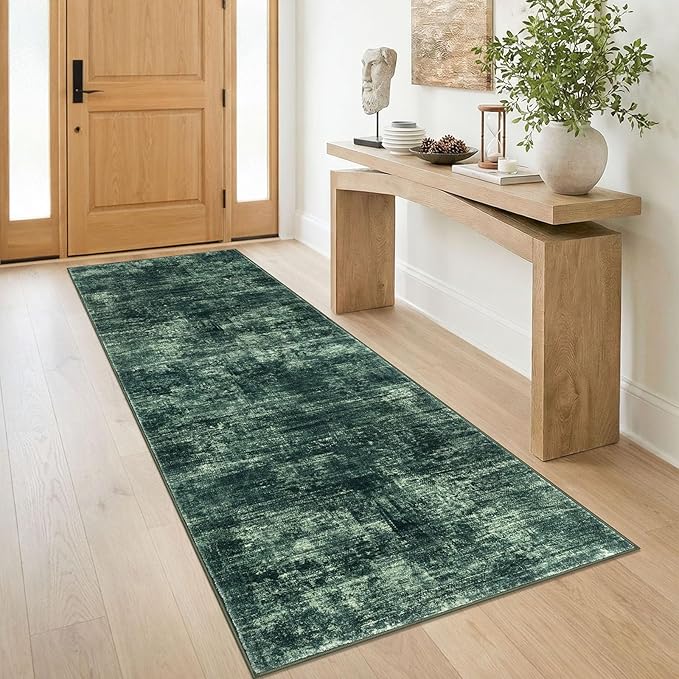 IOHOUZE Abstract Runner Rug 3x8 Ft Washable Runners for Hallways, Non Slip Kitchen Runner Printed Faux Wool Entryway Runner Indoor, Modern Abstract Floor Carpet for Hall Bedroom, Dark Green