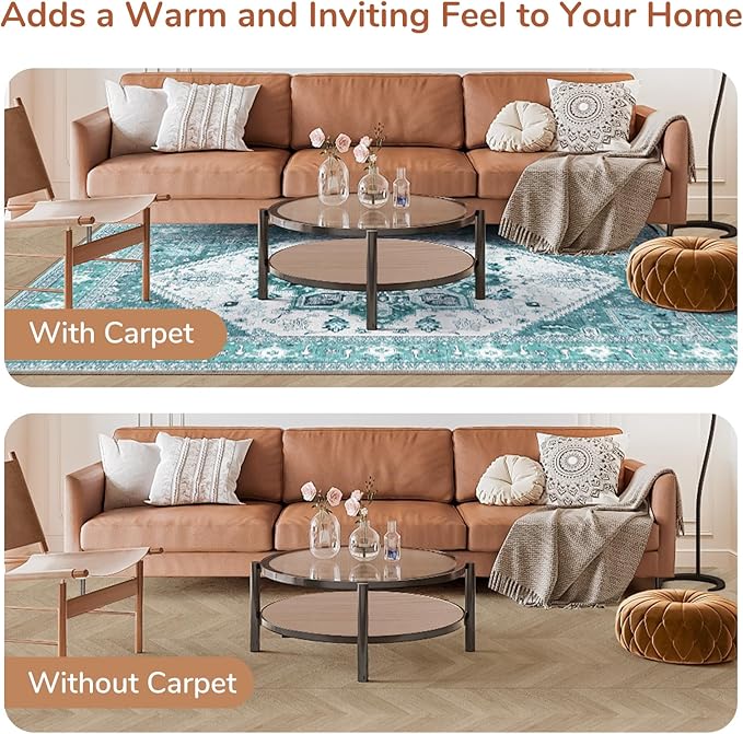 OPPODREAM Soft Area Rugs 3x5, Washable Rugs with Non Slip Backing, Low-Pile Throw 3x5 Carpet, Faux Cashmere 3 x 5 Carpet, Teal & Turquoise & Cream