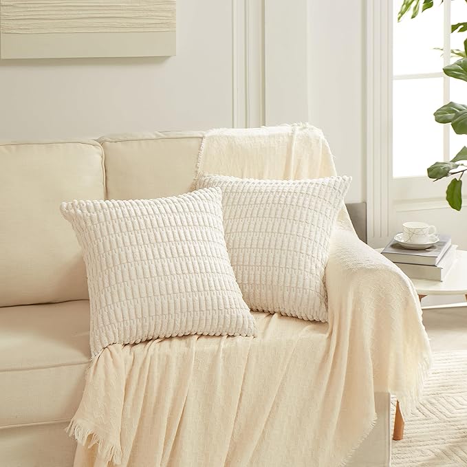 Fancy Homi 4 Packs Neutral Decorative Throw Pillow Covers 16x16 Inch for Living Room Couch Bed Sofa, Rustic Farmhouse Boho Neutral Home Decor, Soft Plush Striped Corduroy Square Cushion Case 40x40 cm