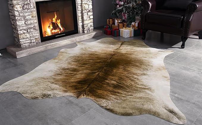 AROGAN Western Decor Faux Fur Cowhide Rug, 6.2 x 5.2 Feet Premium Animal Skin Cow Hide Rug, Durable Cow Print Rugs for Wall Decor, Western Floor Carpet for Bedroom Living Room, Brownish