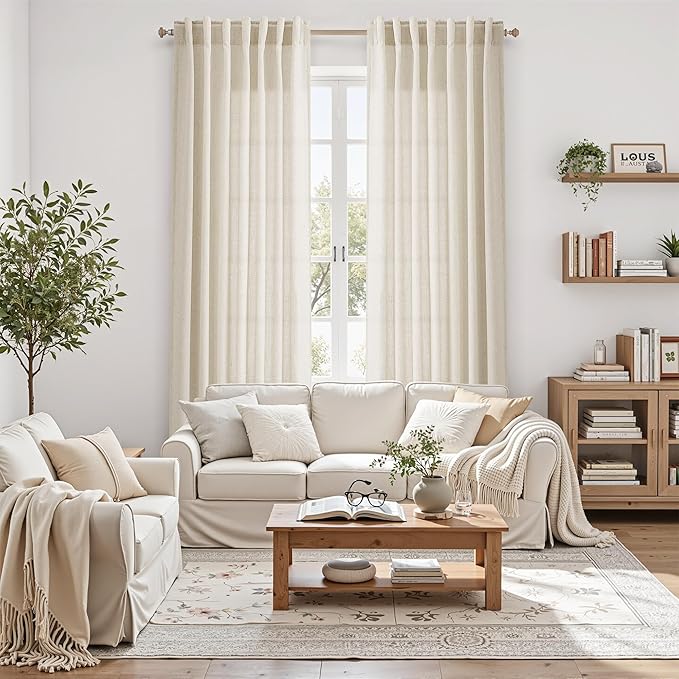 Birch Beige Linen Curtains 80 Inch Length for Living Room Light Filtering Semi Sheer Curtain Back Tab Modern Farmhouse Decor Elegant Luxury Coastal Drapes for Bedroom Dinner Room 52x80, 2 Panels