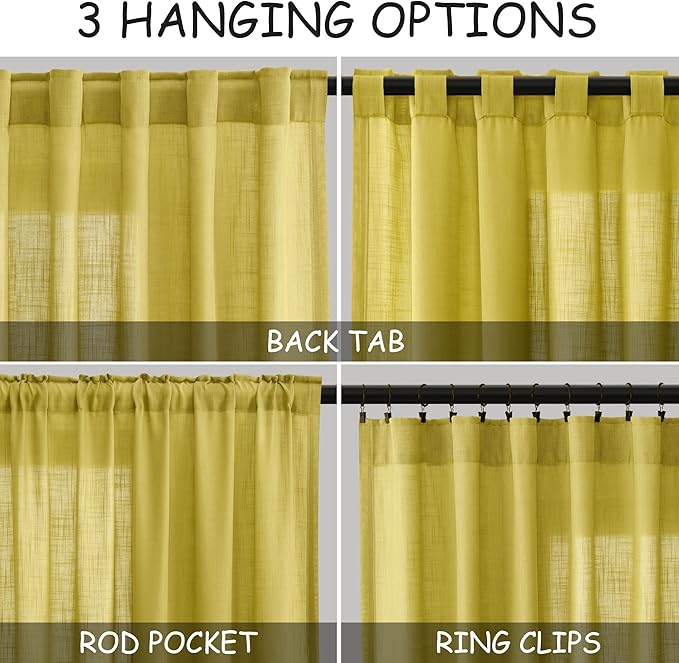 Nanspring Celery Yellow Linen Curtains 84 Inch Length 2 Panels Set for Living Room Back Tab Light Filtering Semi Sheer Curtain for Bedroom Farmhouse Drapes, 52x84 Inch, 2 Panels