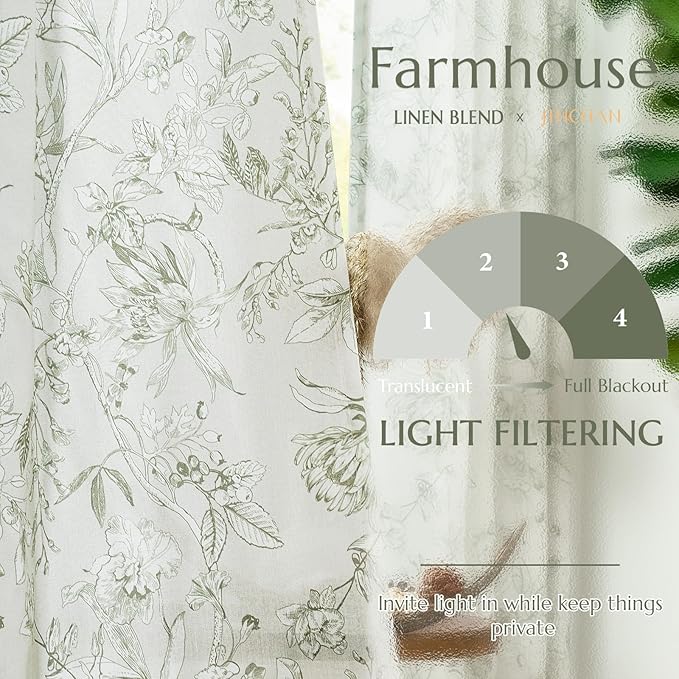 jinchan Floral Curtains 90 Inch Length Sage Green Flower Linen Farmhouse Curtain for Living Room French Country Vintage Curtain Rod Pocket Curtains Set 2 Panels Floral Printed