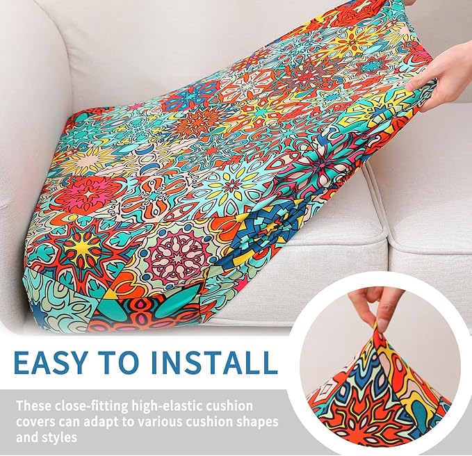hyha Printed Couch Cushion Covers, Floral Sofa Covers Washable for 2 Cushion Couch, Stretch Pattern Outdoor Cushion Covers for Patio Furniture with Elastic Bottom(2 Packs, Diamond Mandala)