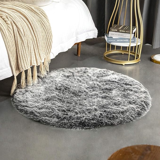 Ashler HOME DECO Soft Fox Faux Fur Chair Couch Cover Area Rug for Bedroom Floor Sofa Living Room Black White 3 x 3 Feet Round