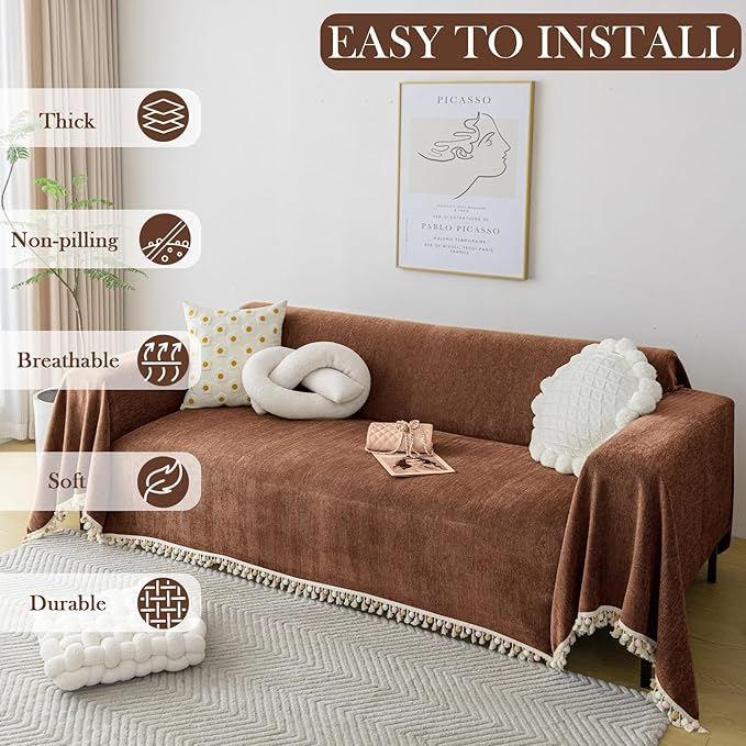 HANDONTIME Boho Style Sofa Cover with Tassels, Washable & Non-Slip Couch Cover for 3 Cushion Sofa, Herringbone Pattern Pet-Friendly Sofa Slipcover, Chocolate Color, 91"x150", Living Room Decor