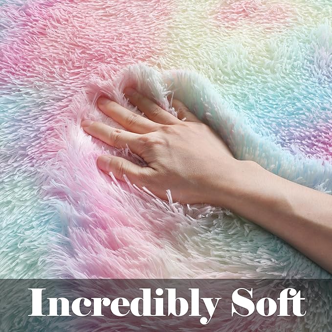 ONASAR Rainbow Area Rugs for Living Room, 5x8 Fluffy Girls Bedroom Rug, Indoor Ultra Soft Plush Shaggy Large Floor Carpets for Nursery Kids Baby Boys Teen Dorm Playroom Home Decor Aesthetic