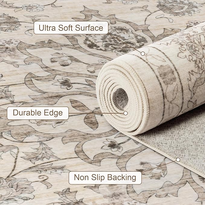 5x7 Area Rugs Living Room Rug: Washable Vintage Distressed Floral Rug No Slip Stain Resistant Soft Carpet Indoor Large Carpets for Bedroom Dining Room Farmhouse Nursery Hallway Home Office Brown Beige