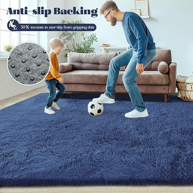 8x10 Area Rugs for Living Room: Fluffy Shag Soft Washable Rug Large Fuzzy Plush Indoor Carpet for Bedroom Nursery Playroom Kids Girls Boys Room (Navy Blue, 8'x10')
