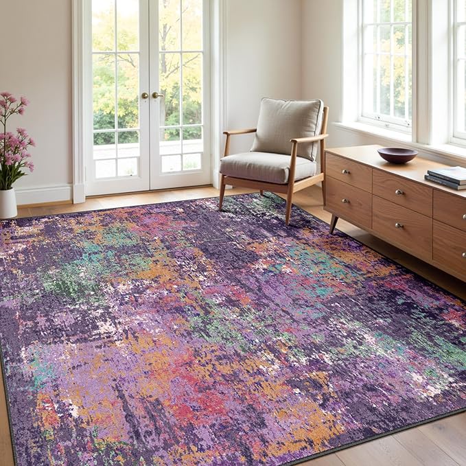 Washable Area Rugs Square 8ft Non-Slip Modern Abstract Soft for Living Room Entryway Bedroom Nursery, Print Pattern, Purple Orange Blue Green Rust Red Colorful