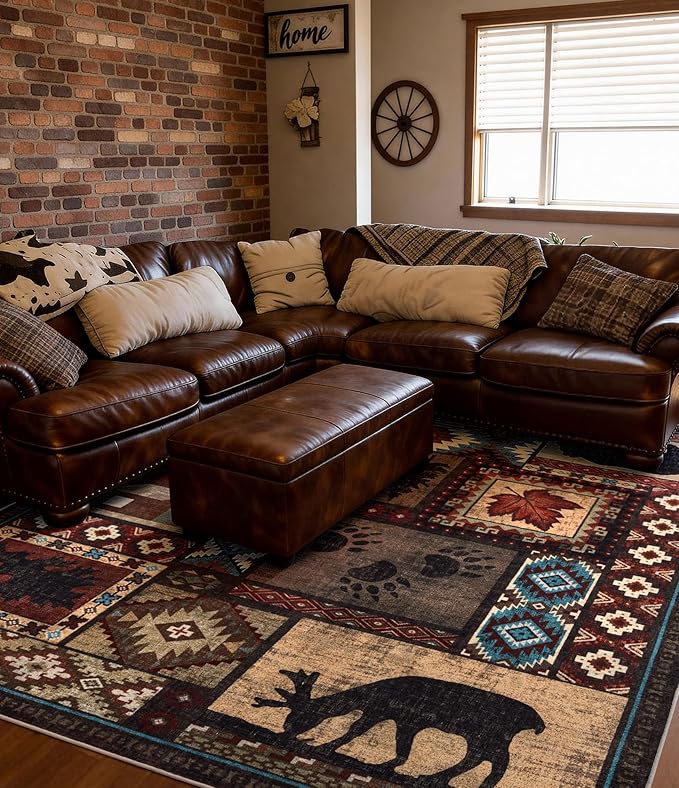 YIHOUSE Rustic Cabin Area Rug 5x7,Machine Washable Lodge Bear Rug,Non-Slip Low Pile Print Pattern Southwestern Rug for Living Room Bedroom