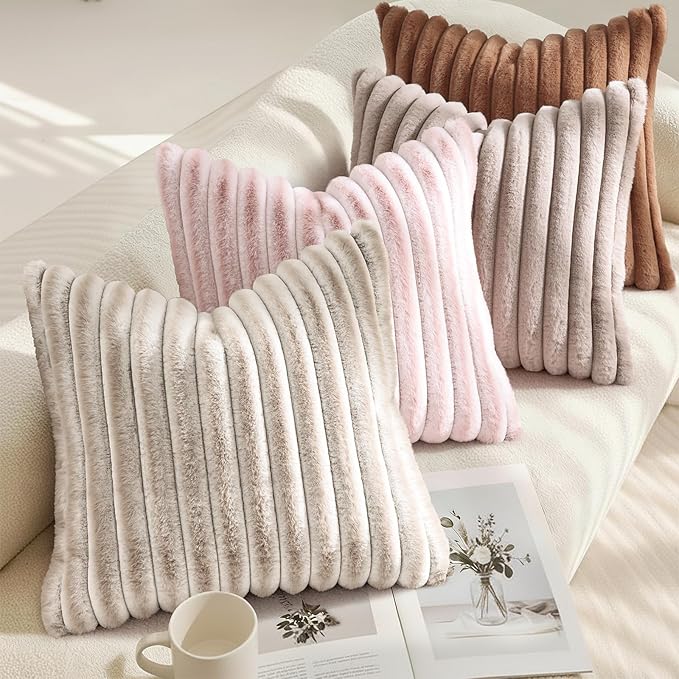 decorUhome Cozy Faux Fur Throw Pillow Covers 18x18 Set of 2 Decorative Soft Plush Striped Modern Farmhouse Boho Couch Pillow Cases with Velvet Back for Sofa Bed Living Room, Brown