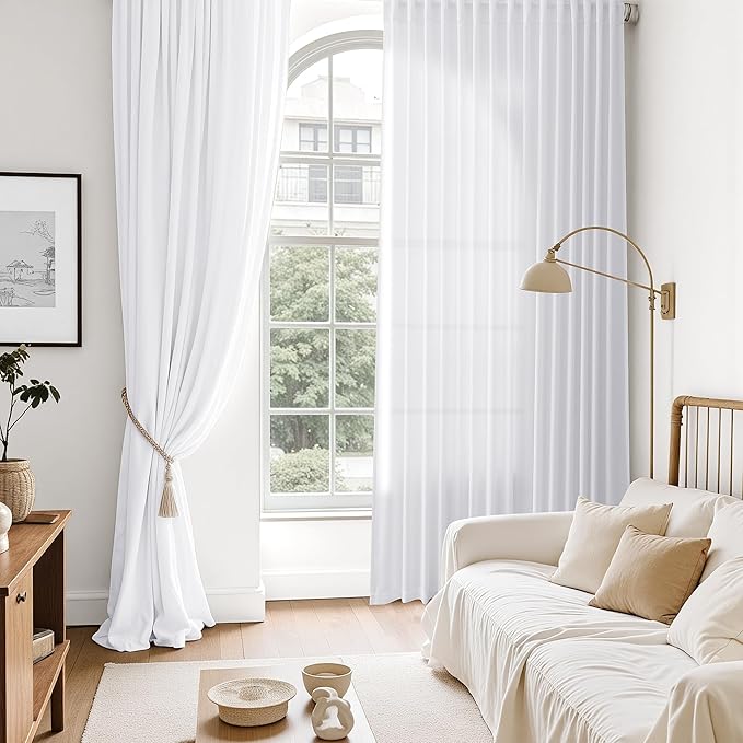 Snow White Linen Curtains 90 Inches Long for Living Room Light Filtering Semi Sheer Curtain Back Tab Luxury Neutral Coastal Modern Farmhouse Decor Drapes for Bedroom Dinner Room 52x90, 2 Panels