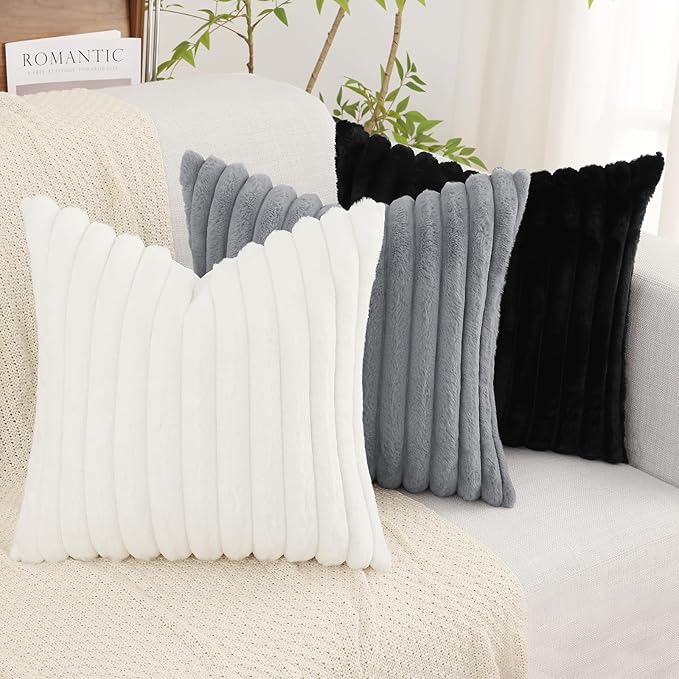 decorUhome Cozy Faux Fur Throw Pillow Covers 12x20 Set of 2 Decorative Soft Plush Striped Lumbar Modern Farmhouse Boho Couch Pillow Cases with Velvet Back for Sofa Bed Living Room, Black