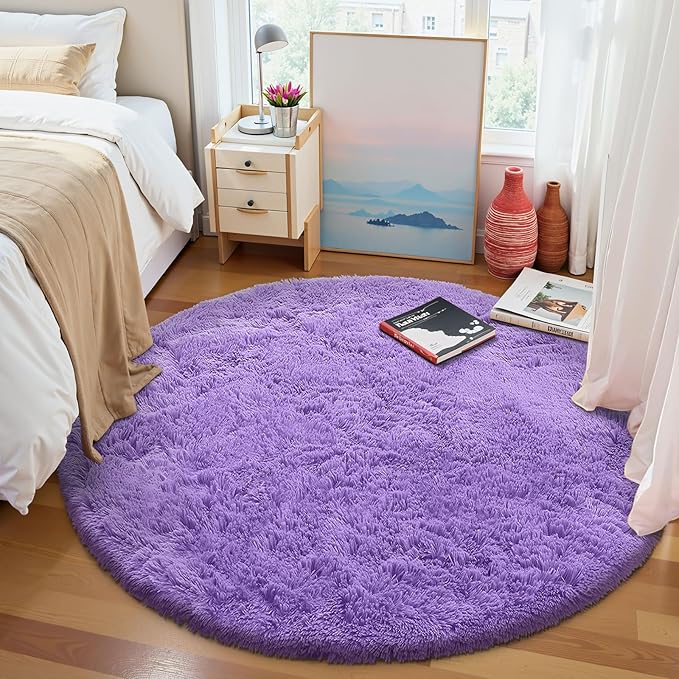 OLANLY Purple Round Rugs for Bedroom - Machine Washable, 9 ft Circle Area Rugs for Living Room, Soft and Fluffy Shaggy Carpet for Teen Girls and Boys, Nursery Rooms, Dorms, Home Decor Aesthetic