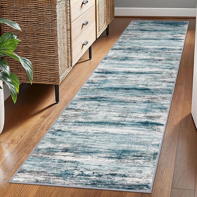KOZYFLY Modern Abstract Runner Rug, 2x7 Kitchen Rugs Non-Slip Washable Soft Striped Runners for Hallways, Print Blue Carpet Runner for Entryway Bathroom Laundry Room Foyer