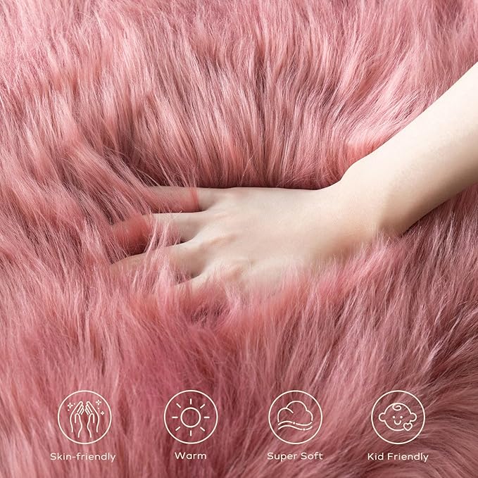 Ashler Faux Fur Area Rug - Ultra Soft 3 x 5 Feet Sheepskin, Fluffy Shaggy Blush Pink, Machine Washable - Nursery Decor Throw for Bedroom, Living Room, Kids Room