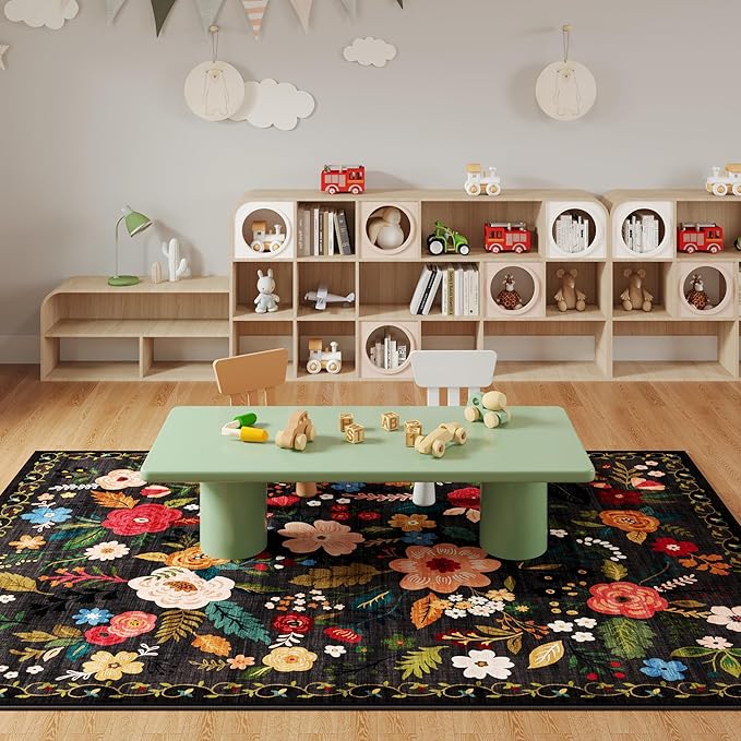 Rugcomf Area Rugs 8x10 Rug for Living Room Clearance Washable Boho Area Rug Non Slip Floral Vintage Low Pile Large Rug for Living Room, Bedroom, Farmhouse, Dining Room, Kids Playroom(Black)