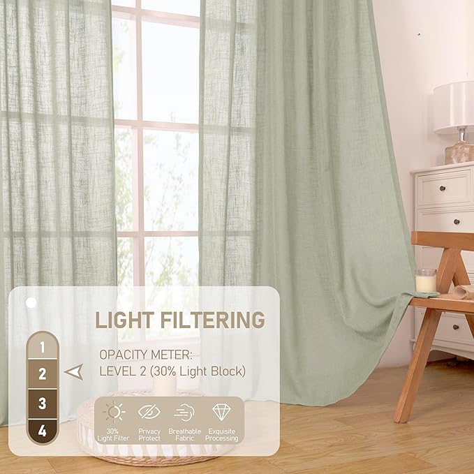 LAMIT 95 Inches Long Sage Grey Linen Curtains for Living Room, Back Tab and Rod Pocket Semi Sheer Curtains Light Filtering Farmhouse Drapes for Bedroom/Dining Room, Set of 2, 52 x 95 Inch