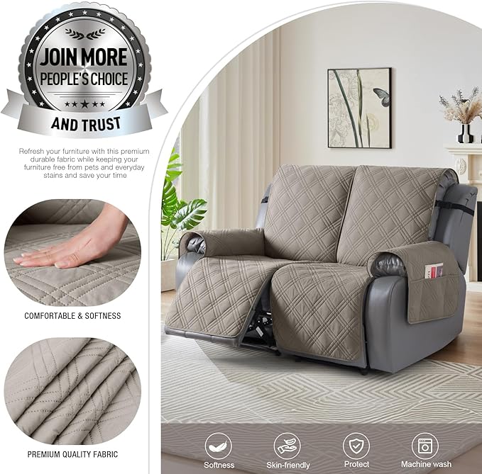 TAOCOCO 100% Waterproof Loveseat Recliner Cover, Non Slip Split Recliner Couch Cover with Elastic Straps, Washable Reclining Sofa Cover Furniture Protector for Kids, Dogs, Pets(2 Seater, Light Brown)