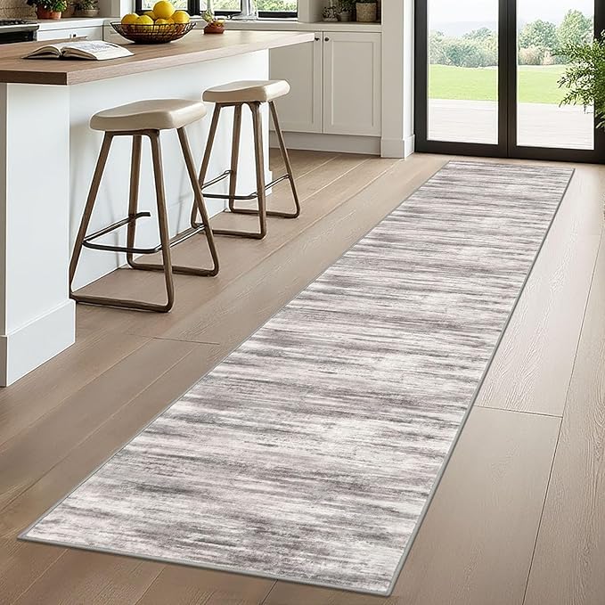 KOZYFLY Modern Abstract Hallway Runner, 2x10 Washable Rug Non-Slip Soft Striped Kitchen Runner Rug, Grey/Light Beige/Brown Print Carpet Runner for Entryway Bathroom