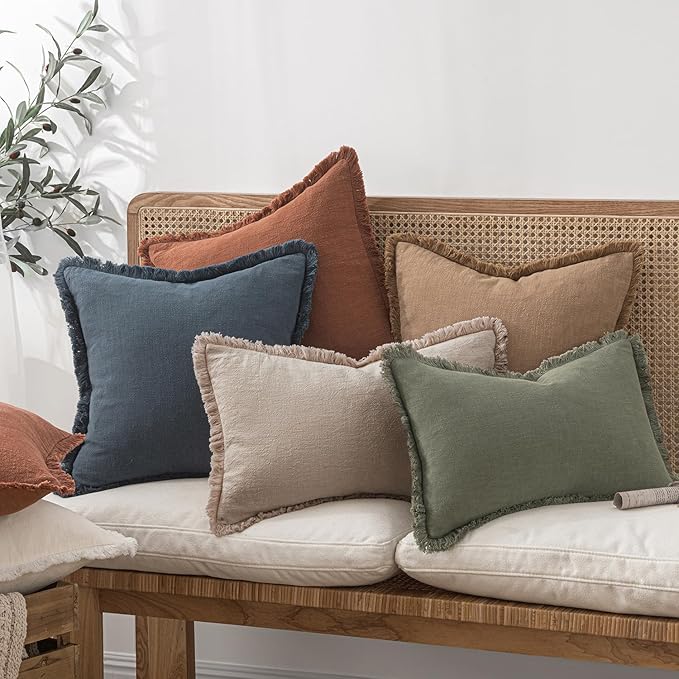 MIULEE Decorative Throw Pillow Covers Neutral Linen Fringe Throw Pillows Set of 2 Natural Linen Boho Farmhouse Cushion Covers with Tassels for Couch Sofa Bed Spring Home Decor 20x20 Inch