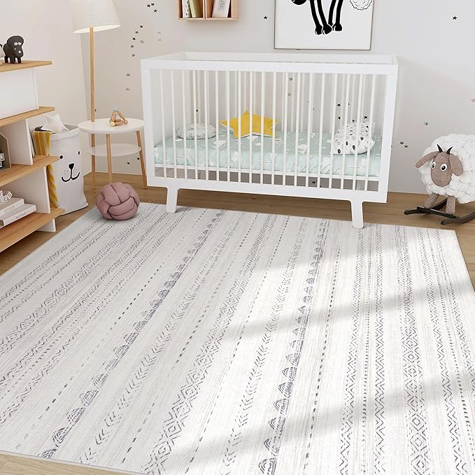 Nakagishi 7x9 Area Rug Living Room: Washable Boho Large Neutral Soft Farmhouse Modern Rugs Stain Resistant Moroccan Non-Slip Indoor Carpet for Bedroom Nursery Kids Playroom Office Dining Room- Gray
