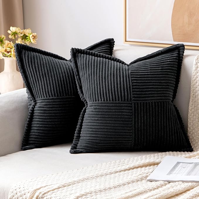 MIULEE Decorative Throw Pillow Covers for Couch Bed Livingroom 20x20 Inch Set of 2 Black Boho Accent Throw Pllows Broadside Striped Patchwork Soft Corduroy Pillowcases