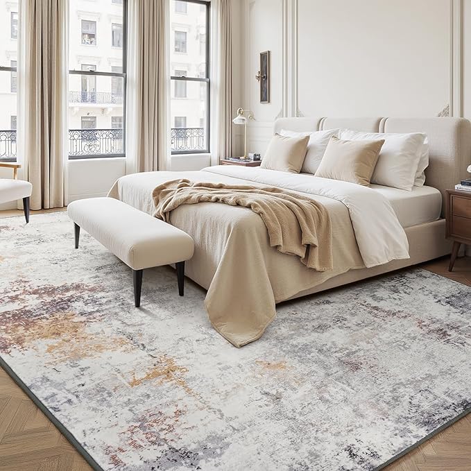 Rugflix 10x14 Area Rugs for Living Room, Washable Large Rug Stain-Resistant Low Pile, Modern Neutral Carpet for Dining Room Home Office Kid Room Nursery Bedroom, Grey Brown