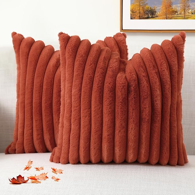 decorUhome Cozy Faux Fur Throw Pillow Covers 16x16 Set of 2 Decorative Soft Plush Striped Modern Farmhouse Boho Couch Pillow Cases with Velvet Back for Sofa Bed Living Room, Rust