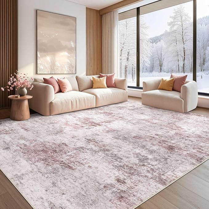 UERMEI 8x10 Area Rug Living Room Rugs - Washable Neutral Modern Abstract Soft Thin Large Rug Indoor Floor No Slip Rug Carpet for Bedroom Under Dining Table Home Office Decor - Pink
