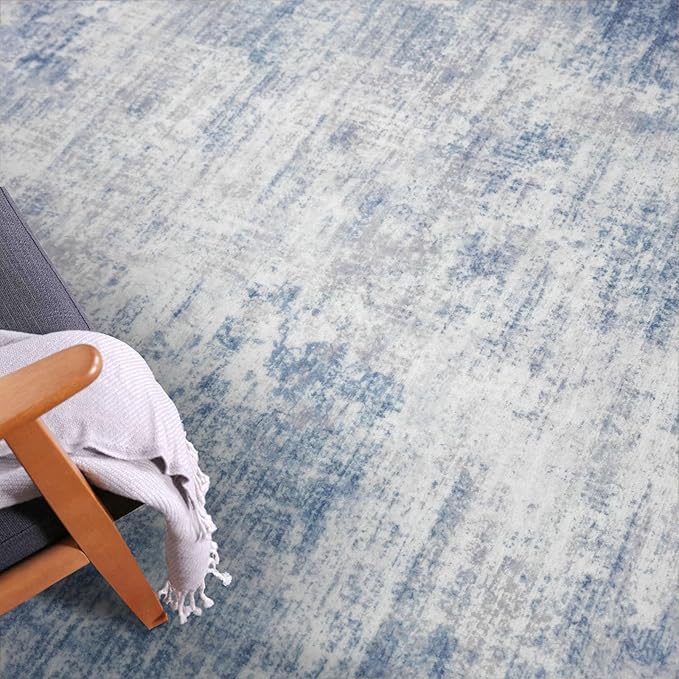 IOHOUZE Abstract Round Area Rug 8 Ft Washable Circle Rugs Large Round Rug Non Slip Thin Soft Circle Rugs, Printed Faux Wool Floor Carpet for Bedroom Living Room Dining Room Nursery, Light Blue Grey