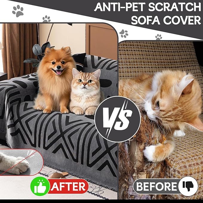 HANDONTIME Boho Couch Cover Blanket Geometric Striped Pet Covers for Couches and Sofas Dark Grey and Black Dog Cover for Couch Pet Friendly Chenille Sectional Sofa Covers for Pets Washable, 71" X134"