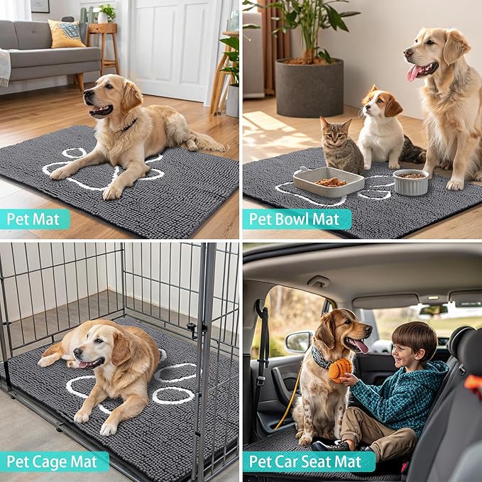 Smiry Dog Door Mat for Muddy Paws, Absorbent Dirt Trapper Non Slip Quick Dry Washable Chenille Mat for Mud Dogs, Entry Rug for Indoor and Outdoor (47x17 Inches, Dark Grey and White)