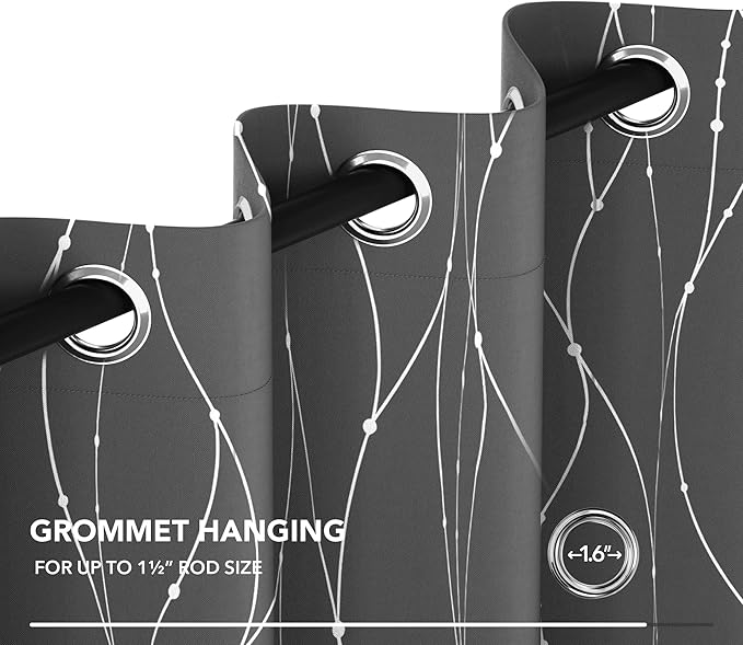 Deconovo Blackout Curtains, Grey Curtains, Thermal Insulated Soundproof Grommet Drapes, Silver Wave Dot Foil Print, 42 x 63 Inch, 2 Panels, Machine Washable Window Panel for Living Room Bedroom Office