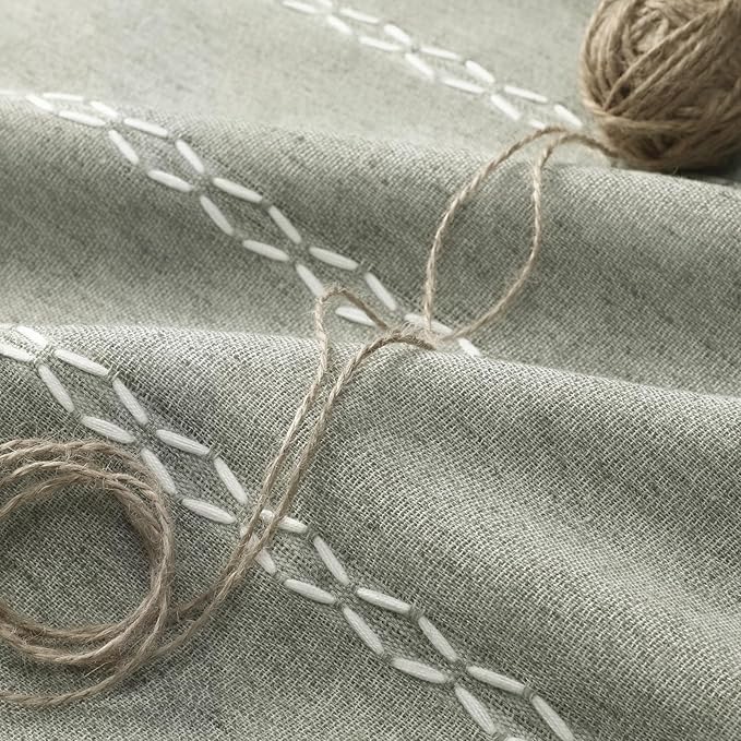 Sage Green Boho Blackout Curtains 2 Panels 84 Inch for Living Room Bedroom, Linen Texture Farmhouse Curtains with Tassels and White Cotton Embroidery Vintage Rustic Country Western
